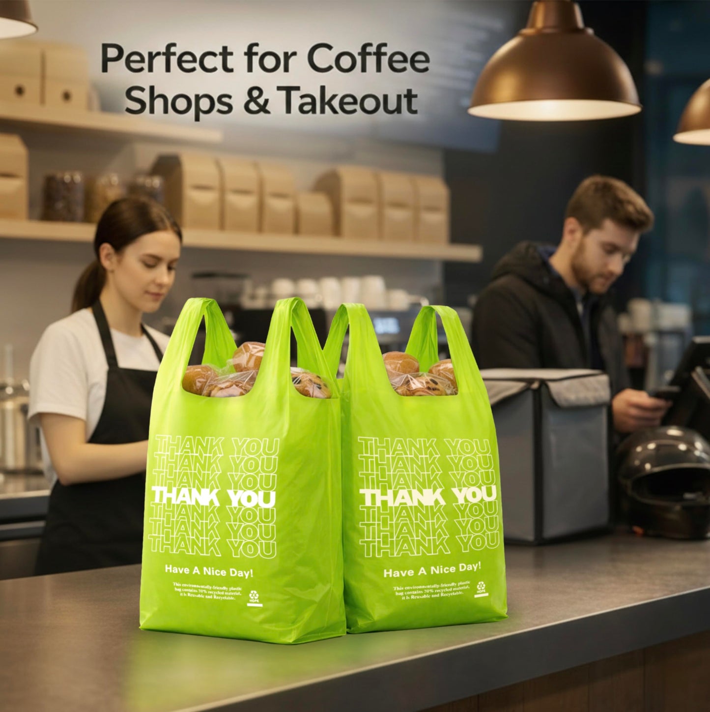 Green Thank you bags, 1000PCS T shirt bags, To Go Bags,Grocery bags, Reusable and Disposable,Perfect for Small Business,Take Out,Retail, Large