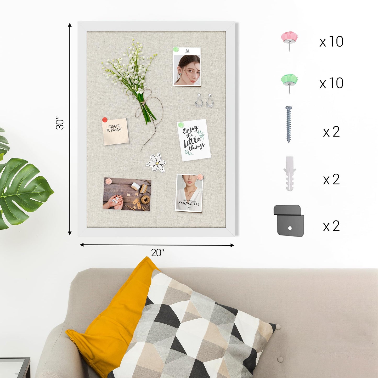 Board2by White Cork Board Bulletin Board with Linen, Wood Framed 30" x 20" Corkboard, Office Board for Wall Decor, Wall Mounted Pin Board Picture Board with 20 Pushpins for School, Home & Office