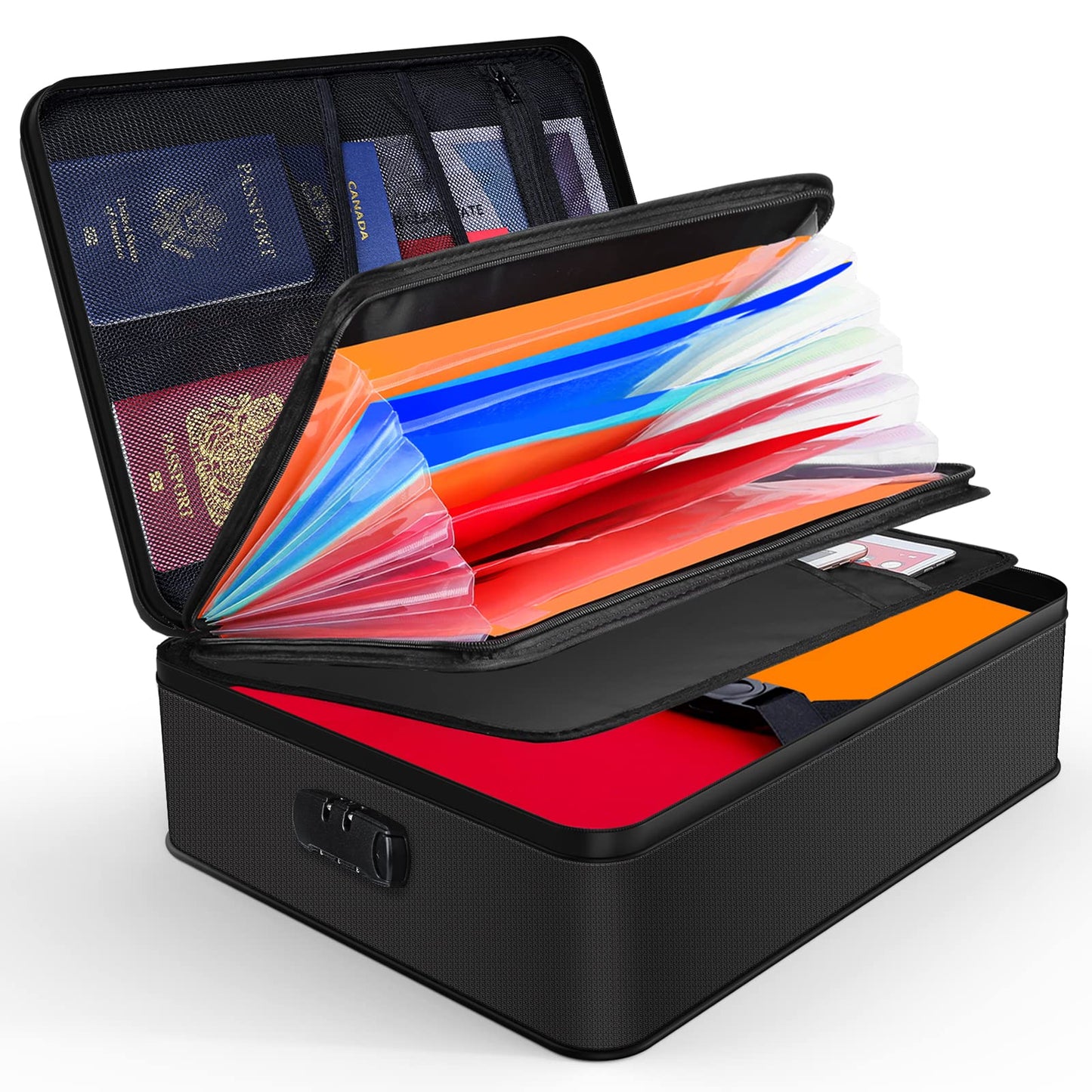 JUNDUN Document Organizer, Fireproof Document Box with Accordian,Fireproof Document Bag with Lock, 7 Pockets Document Holder with Handle Portable File Bag for Important Documents,Files,Passports