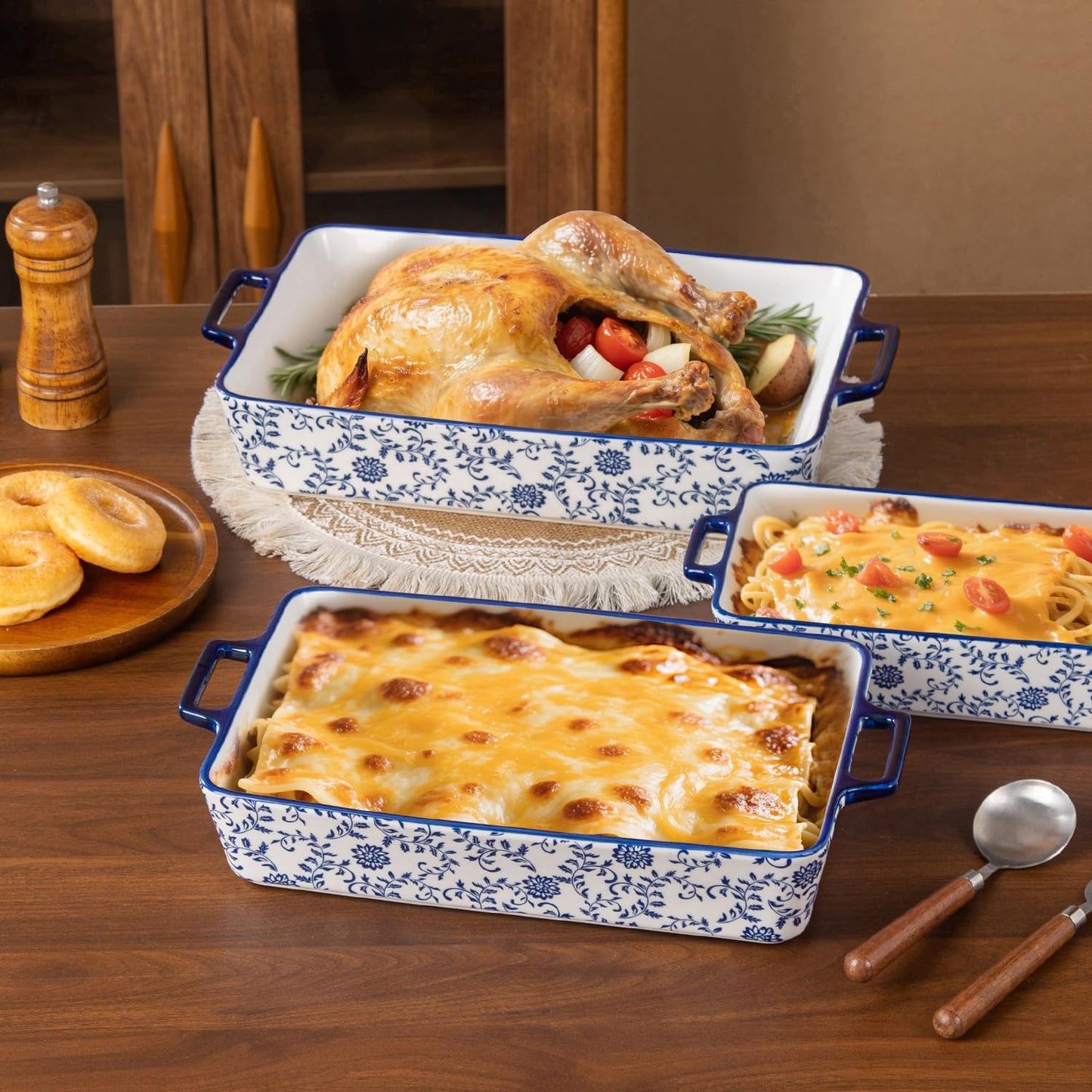 Cerkik Ceramic Bakeware Set - Casserole Dish Baking Dishes for Oven - Rectangular Lasagna Pans with Handles for Kitchen Cooking - Microwave & Dishwasher Safe - Set of 3 (15.1''/13.6''/9.9'') - Blue