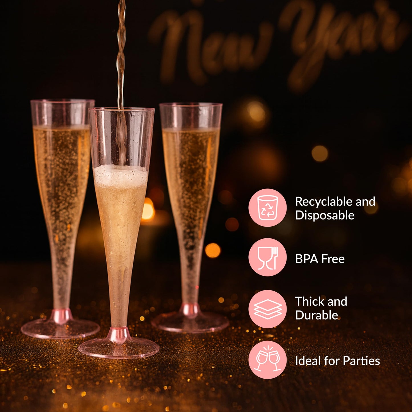 Prestee 24 Piece Plastic Champagne Flutes - 4.5 oz Plastic Wine Glasses with Rose Gold Glitter - Cocktail Glasses for Parties - Party Supplies for Mimosa Bar, Wedding, Shower Party and New Years Eve