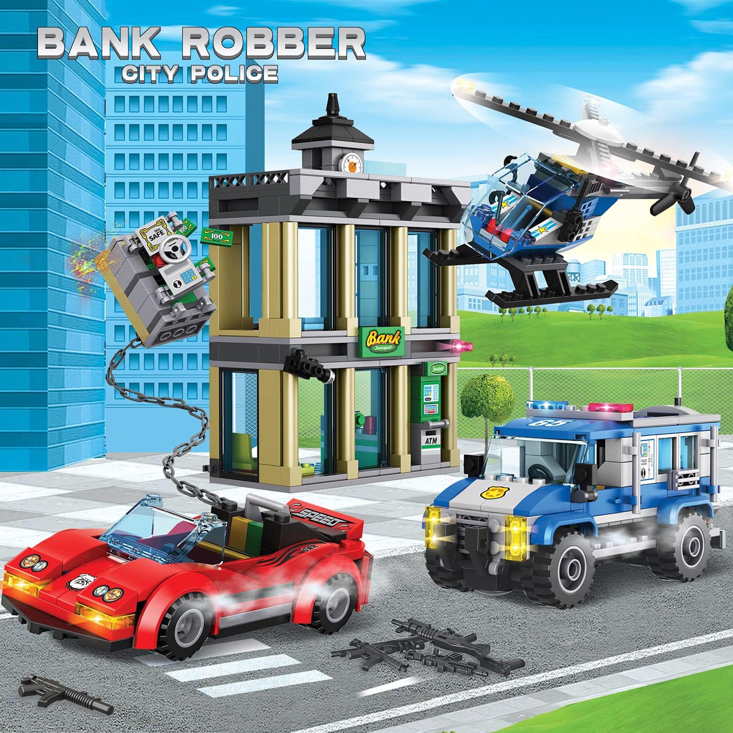 City Police Catch Thief Building Set with Cop Car, Bank, Helicopter, Getaway Sports Car, Fun Police Chase Toy for Kids, Best Learning & Roleplay STEM Toy Gift for Boys Girls Age 6+(625pcs)