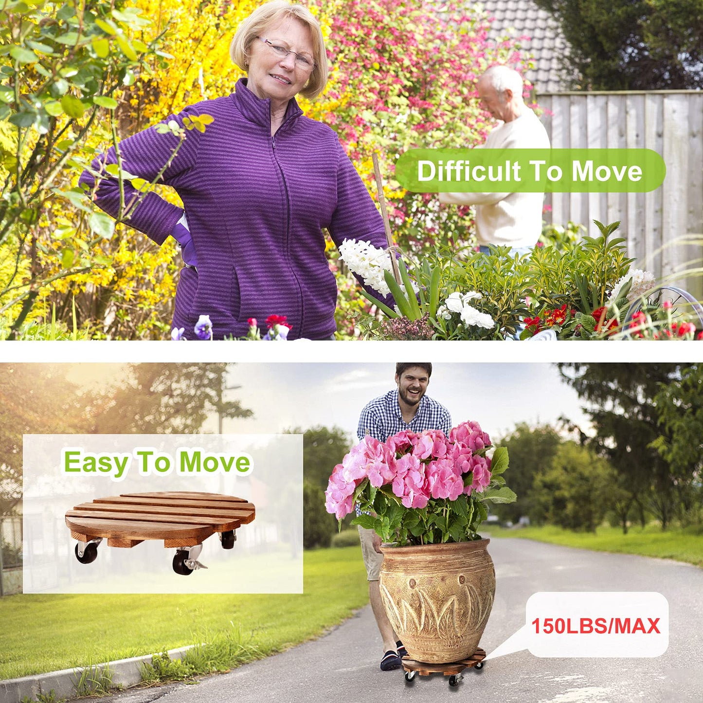2 Pack Plant Caddy Wood 12 Inch Plant Stand with Wheels Round Roller Plants Stand Heavy Duty with 360° Lockable Casters for Outdoor Indoor Plant Pot/Flower Pot/Patio