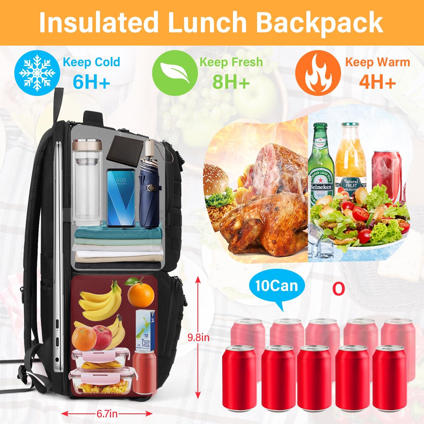 Lunch Backpack for Men & Women 17.3 Inch Laptop Backpack with USB Charging Port Waterproof Tactical Work Backpack with Insulated Lunch Bag for Travel, College, Business with MOLLE Design, Black