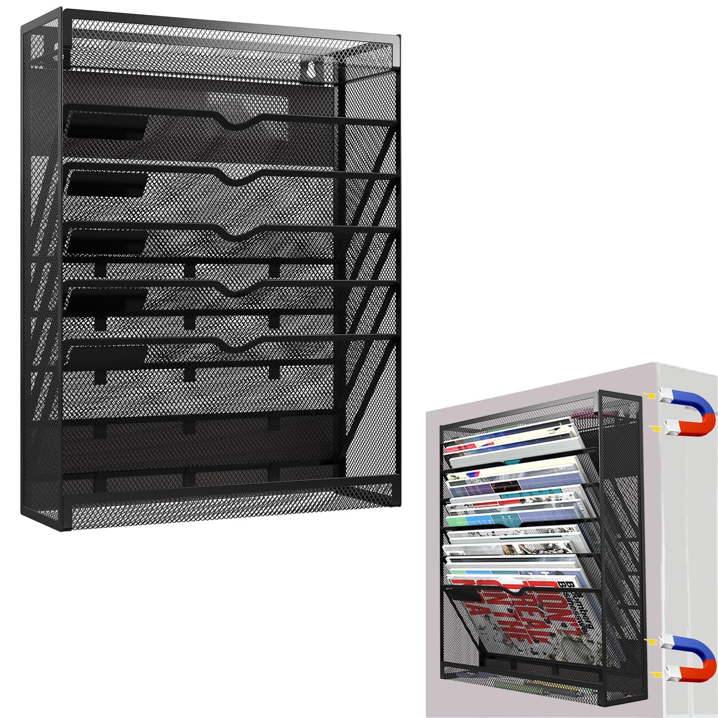 LQPAFZ 7-Tier Magnetic File Holder, No Drilling Wall File Organizer, Hanging File Organizer, Vertical Holder Rack for File Cabinets, Whiteboard, Refrigerator
