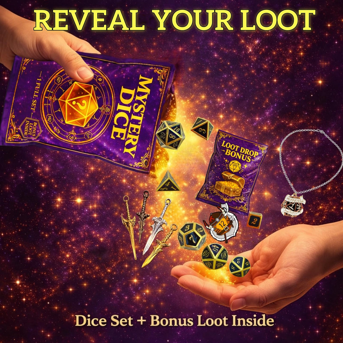 DND Mystery Dice Set, 7 Polyhedral RPG Dice + Random Loot Bag Reward, Gift for RPG Player, DM & Dice Goblin,Tabletop Games (6-Pack)