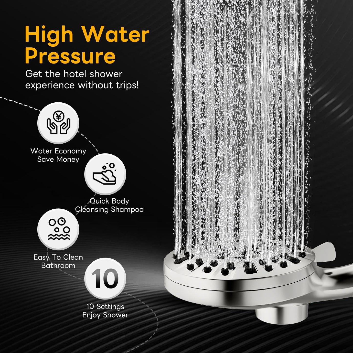 High Pressure 10 Ways Handheld Shower Head Brushed Nickel- Anti-Clog Nozzles,Wall & Overhead Brackets,Magnetitc Rainfall Shower Wand,Built-in 2 Power Jet (Brushed Nickel)