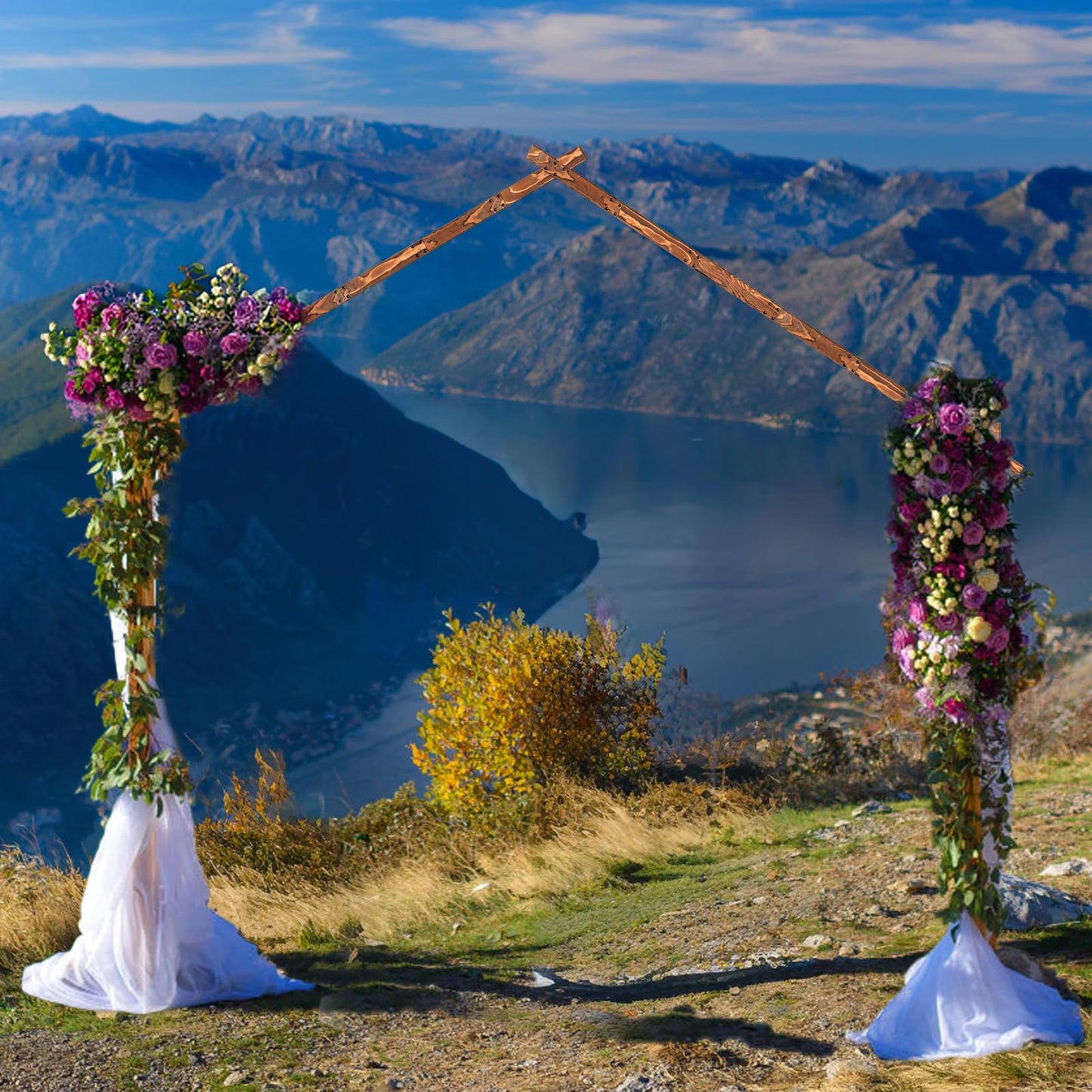 9FT Roof Arch Backdrop Stand, Roof Style Wooden Wedding Arch for Ceremony Party Anniversary Celebration Birthday, Natural Wood Rustic Arbor for Outdoor Garden Decoration