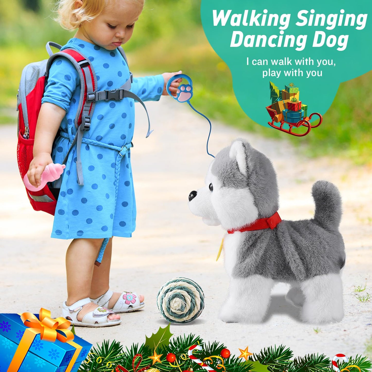 Walking Barking Singing Husky Puppy Toy, Repeats What You Say, Realistic Licking Tongue Wagging Tail Mechanical Dog with Electronic Touch or Voice Control, Interactive Music Dancing Plush Pet for Kids