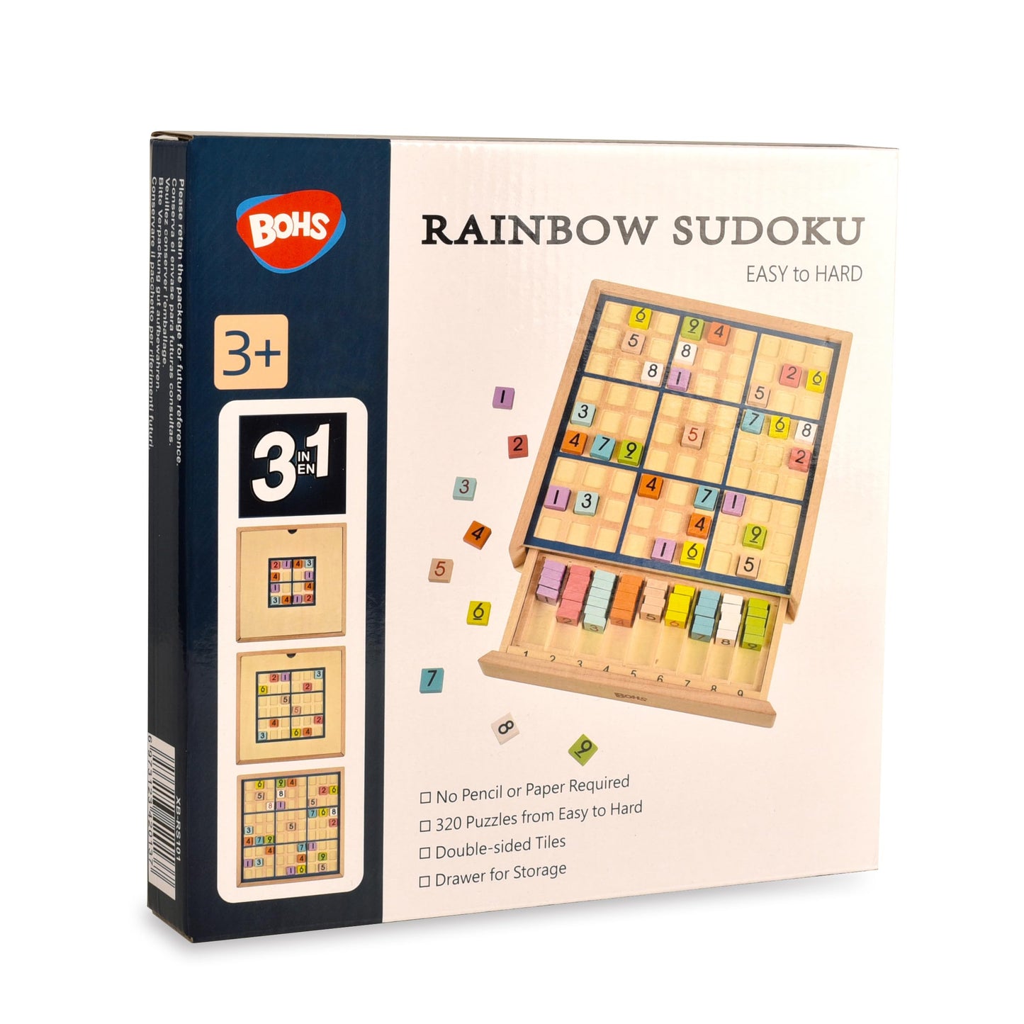 BOHS Wooden Rainbow Sudoku Board Game for Kids - 3 in 1 Easy to Hard - with Book of 320 Sudoku Puzzles - Desktop Brain Teaser Game Toys