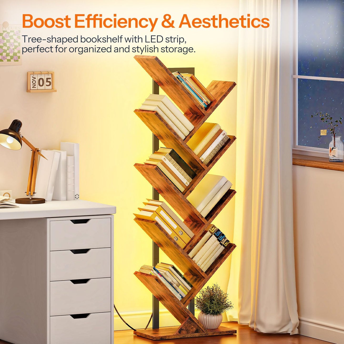 HOOBRO Tree Bookshelf, 9-Tier Bookcase with LED Lights, Space-Saving Book Shelf, Holds Books, CDs, Floor Standing Bookcase for Office, Living Room, Bedroom, Rustic Brown and Black BF08DSJ01