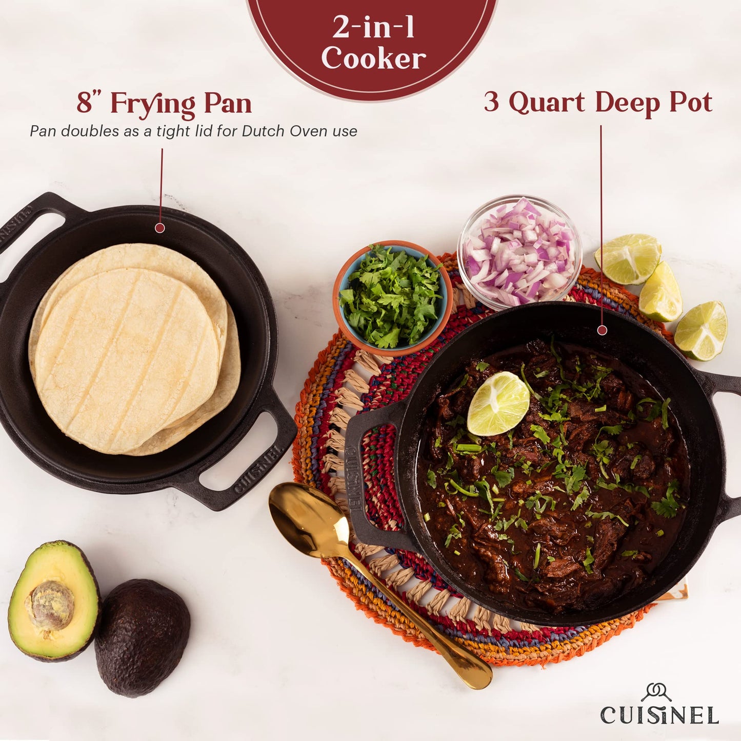 Cast Iron Dutch Oven - 3-Quart Deep Pot - Pre-Seasoned 2-in-1 Multi-Cooker - Combo Lid Doubles as 8"-inch Skillet Frying Pan + Silicone Handle Covers + Scraper/Cleaner - Great Set for Baking Bread