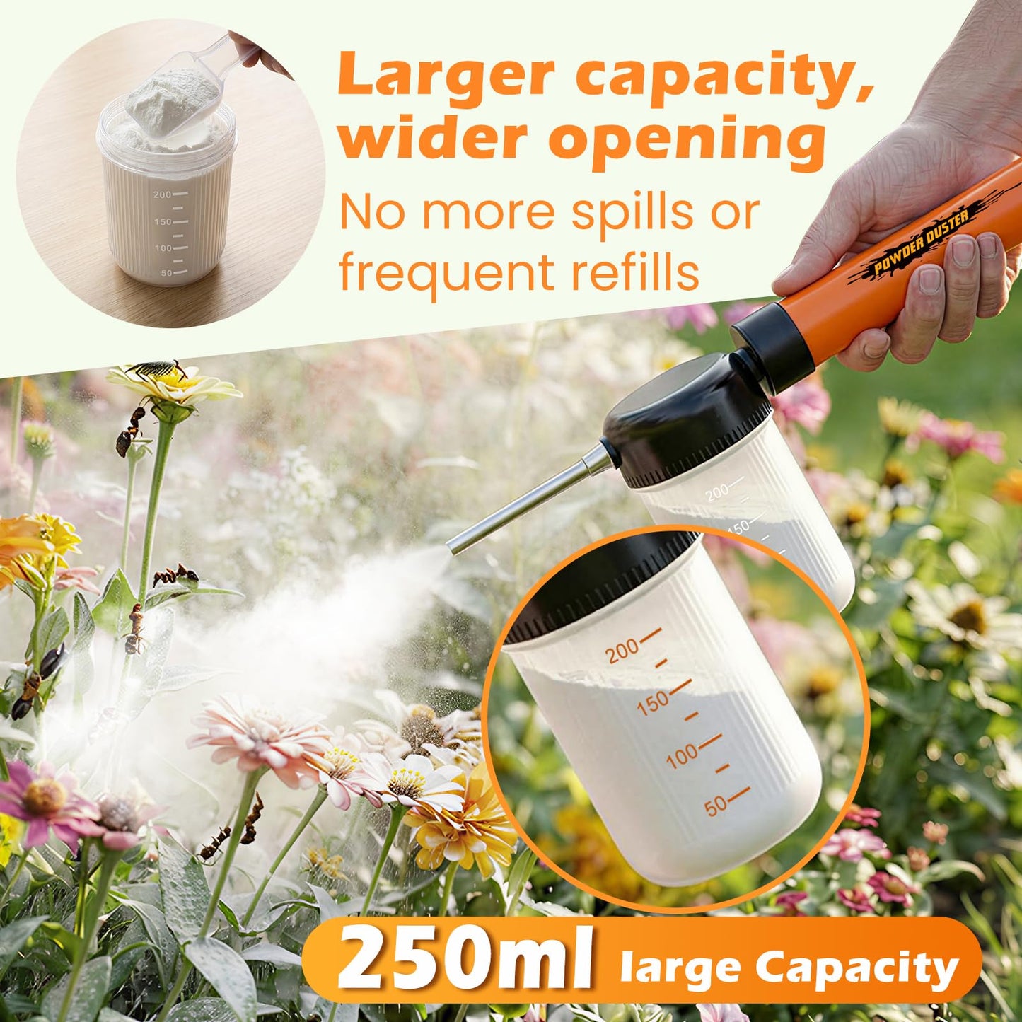 Diatomaceous Earth Powder Duster with Adjustable 4FT Rod, Adjustable Output Pump, 250ml Large Capacity Tank & Clog-Free Design, Powder Dispenser for Indoor/Outdoor Gardening