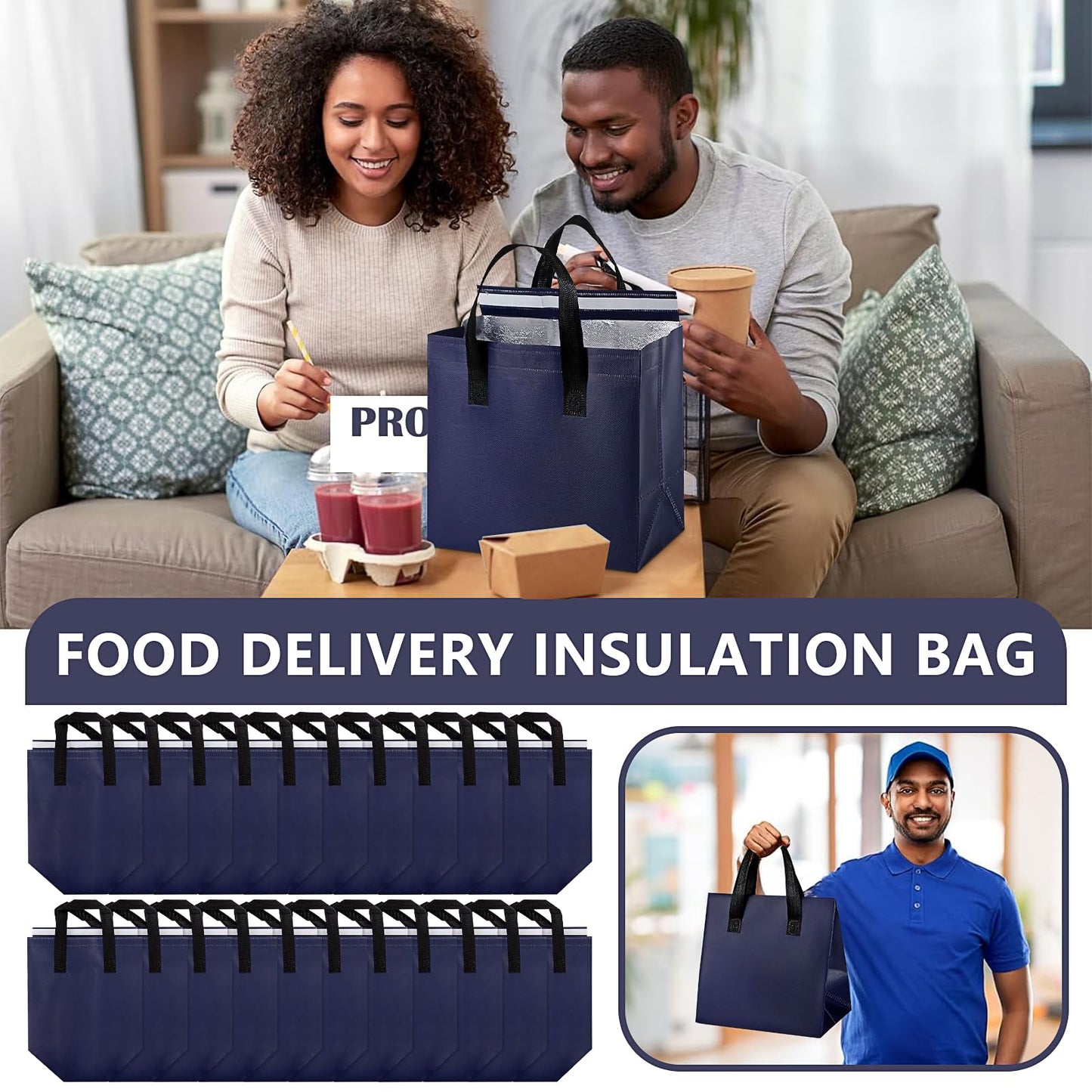 100 Pcs Take Away Bags Insulated Bags, Thermal Reusable Shopping Bags Bulk, Cooler Tote Bag for Food Delivery Cold and Hot Food Restaurant Grocery Picnic (9.5 x 6 x 9.5 in)