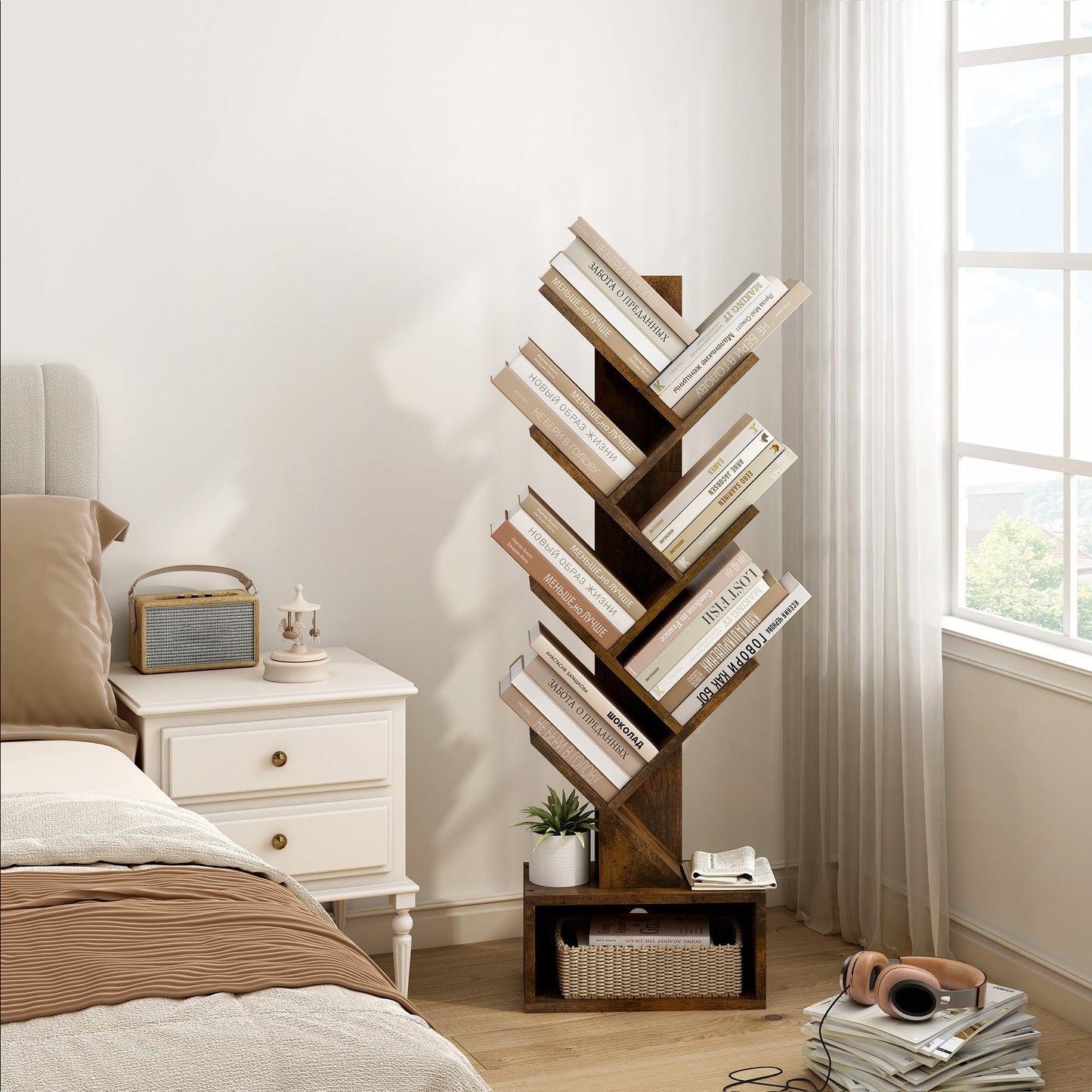 Hoctieon 6 Tier Tree Bookshelf, Tall Bookcase with Drawer, Freestanding Book Shelf, Display Floor Standing Storage Shelf, Book Organizer Shelves for Home Office, Rustic Brown