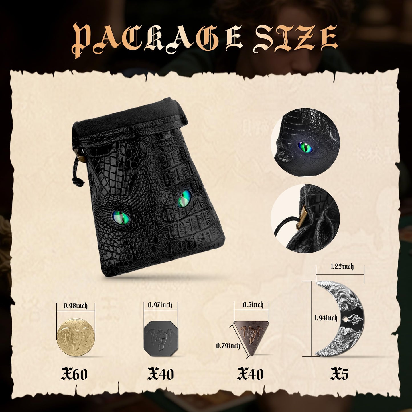 145PCS Metal DND Coins & Leather Bag, Contains 60 Gold Coins, 40 Sliver Coins, 40 Copper Coins and 5 Platinum Coins, Game Tokens with Glow in The Night Eyes Leather Bag for RPG Tablelap Games