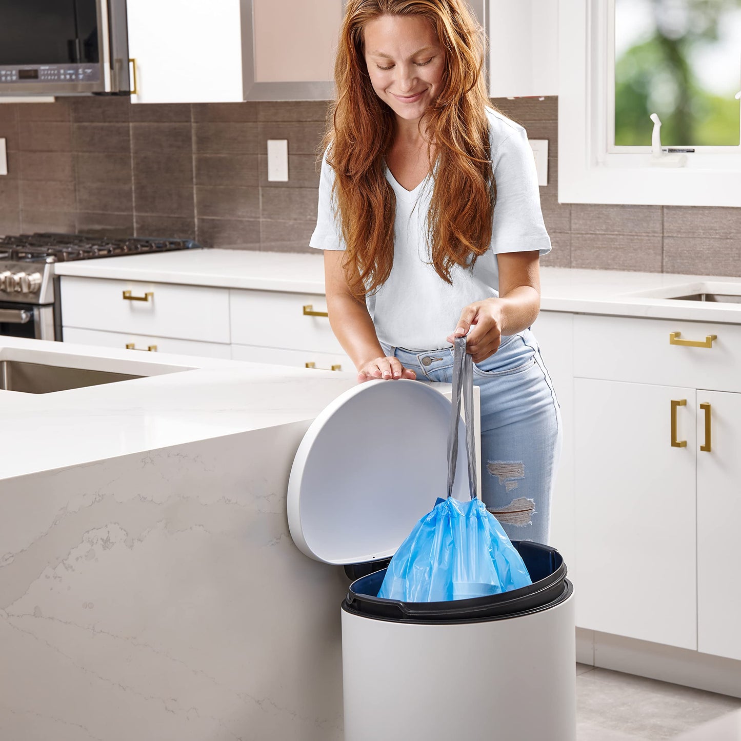 Plasticplace Code V Compatible (100 Count) Blue Recycling Bags Drawstring Garbage Can Liners 4.2-4.8 Gallon / 16-18 Liter 14.75" x 28"