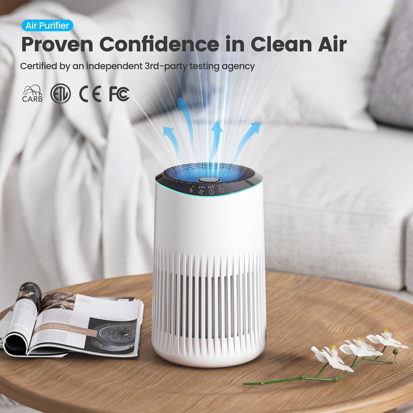 MORENTO Air Purifiers for Home, Air Purifier for Smoke Pet Dander Odors with Fragrance Sponge, Small Air Purifier with Sleep Mode for Bedroom Office, Blue Ambient Light, MR2566, White,1 Pack+3 Modes