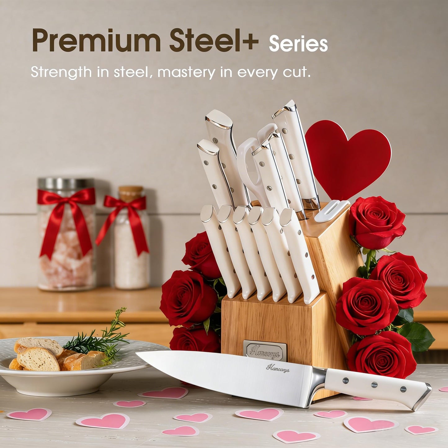 Hancorys Knife Set, 15 Pcs Kitchen Knife Block Set, Enduring Ultra Sharp High Carbon German Stainless Steel Chef Knives Set with Built-in Sharpener, Full Tang Ergonomic Handle, White