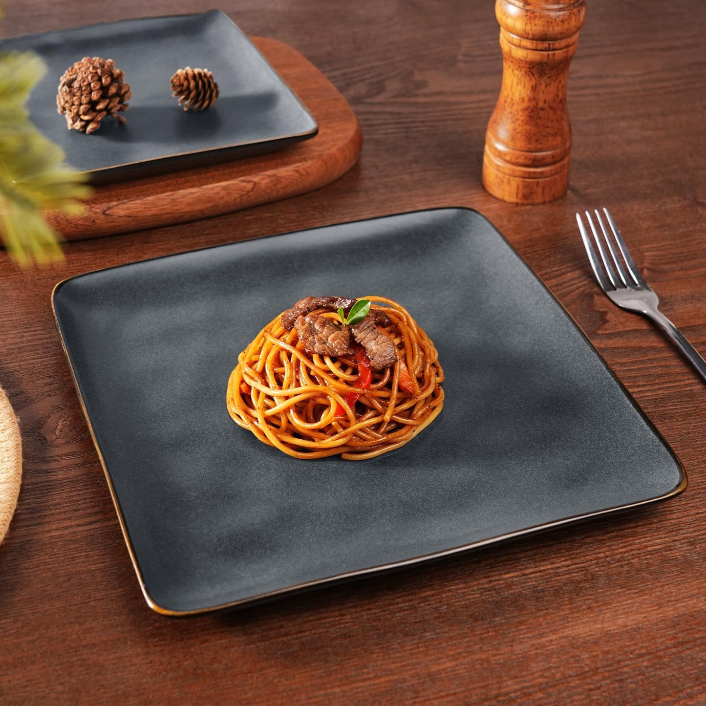Richmount Dinnerware Sets for 4, Ocean Square 12-Piece Kitchen Plates and Bowls Sets, Microwave and Dishwasher Safe, Scratch Resistant, Matte Black