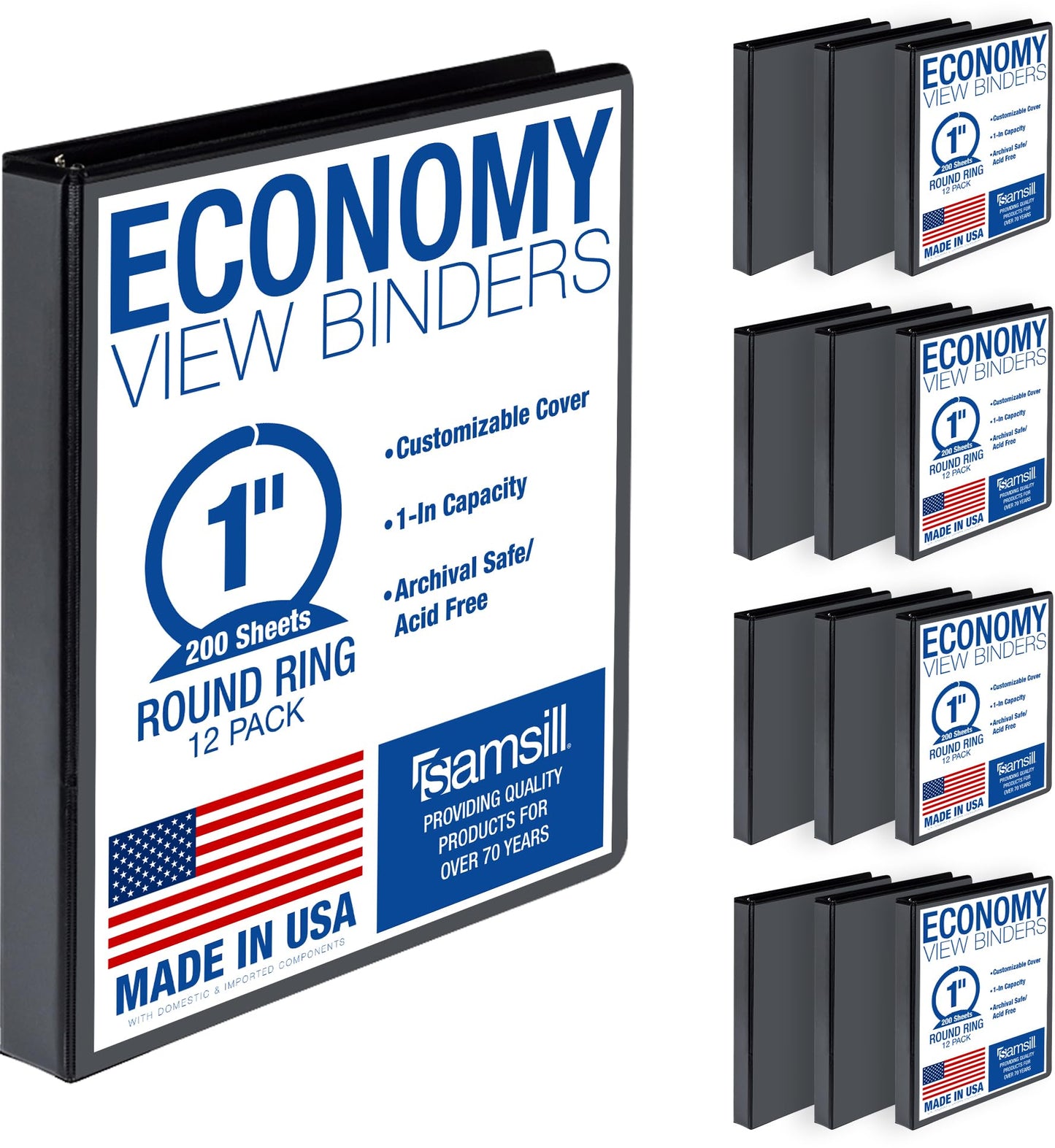 Samsill Economy 3 Ring View Binders, 1 Inch Round Ring, Customizable Clear View Cover, Black, Bulk Binders - 12 Pack