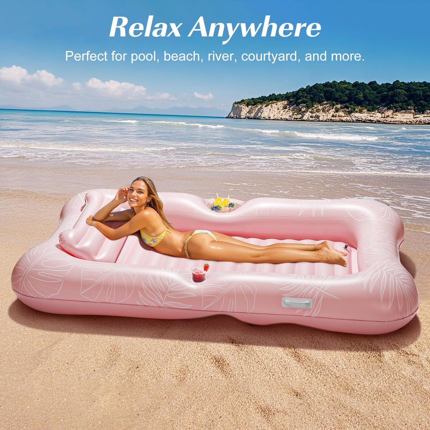HeySplash Inflatable Pool Float Lounge, Large Inflatable Pool Floats Boat for Adults with Cup Holder & Detachable Pillow, Tanning Pool Lounger Float for Outdoor Lake River Summer Water Party,Pink Leaf
