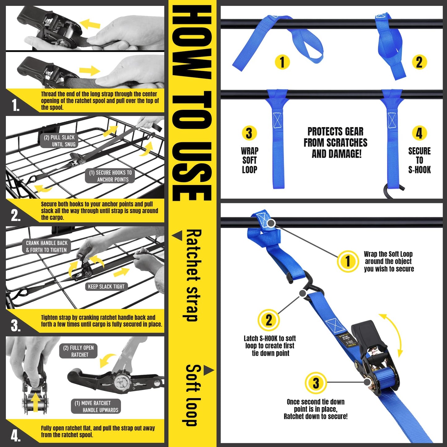 Stay There Ratchet Tie Down Straps 1'' x15', Ratchet Straps with S Hook - 1760lb Break Strength for Securing Motorcycle, Kayak, Truck with Rubber Handles, A Sturdy Bonus Bag & 4 Soft Loops Included