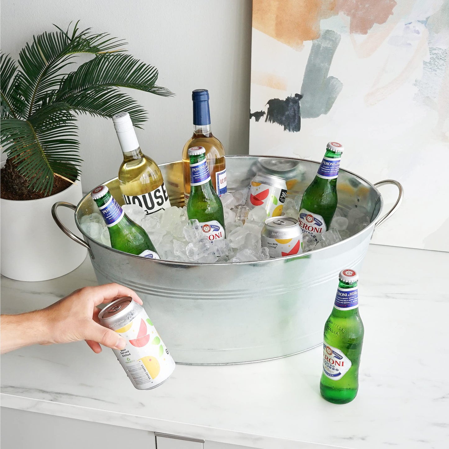 True Classic Oval Ice Bucket, Galvanized Metal Drink Cooler Beverage Tub, Chill Wine & Beer, 6.3 for Home Parties Gallons, 22.75" x 9.25" ,Silver, 6.3 gallons