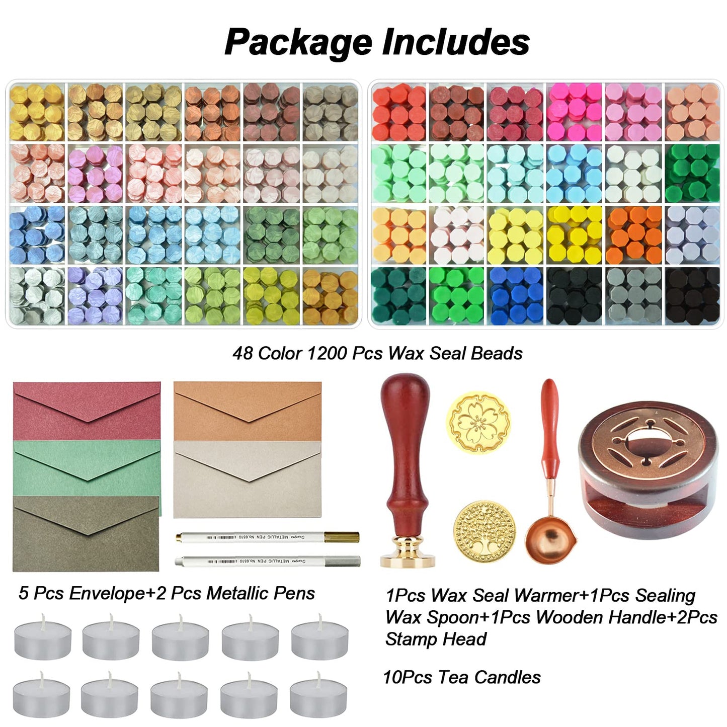 Wax Seal Stamp Kit with Gift Box,48 Color 1200 Pcs Wax Seal Beads with 2 Pcs Wax Seal Stamps, Sealing Wax Warmer, Metallic Pen and 10Pcs Tea Candles for Wedding Invitations Wrapping Christmas Letters
