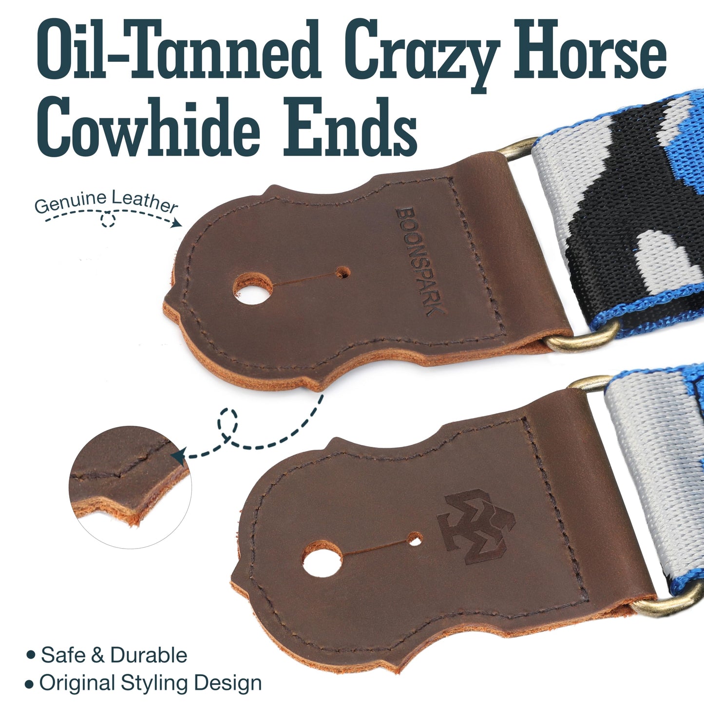 BOONSPARK Guitar Strap - Double Layer Crazy Horse Cowhide Ends,Safe Durable,2in,Soft Adjustable Guitar Straps for Acoustic&Electric Guitars,Bass,Ukulele,Guitarists Gift Set,Charming Blue