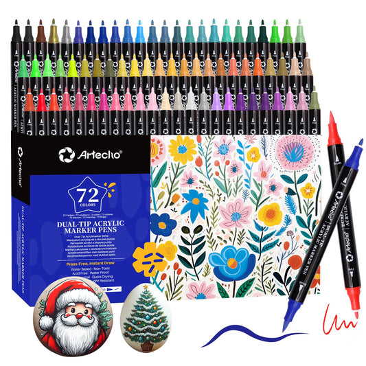 Artecho Acrylic Paint Pens 72 Colors, Dual Tip Acrylic Paint Markers with Brush Tip and Fine Tip for Rock Painting,Glass, Ceramic,leather,DIY Crafts DIY Crafts