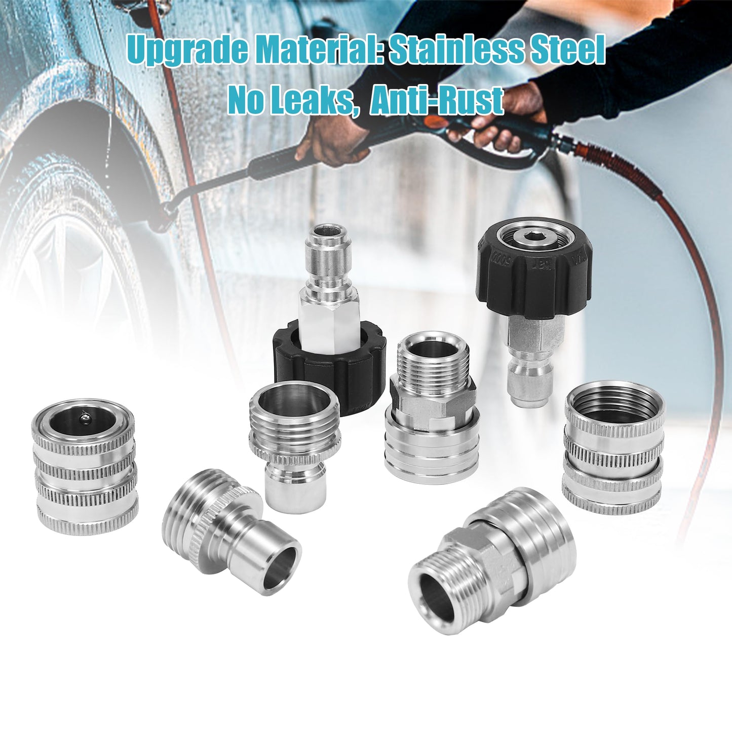 Tool Daily Pressure Washer Adapter Set, Stainless Steel Quick Connect Kit, M22 14mm to 3/8" Quick Disconnect Kit for Power Washer, 8 PCs