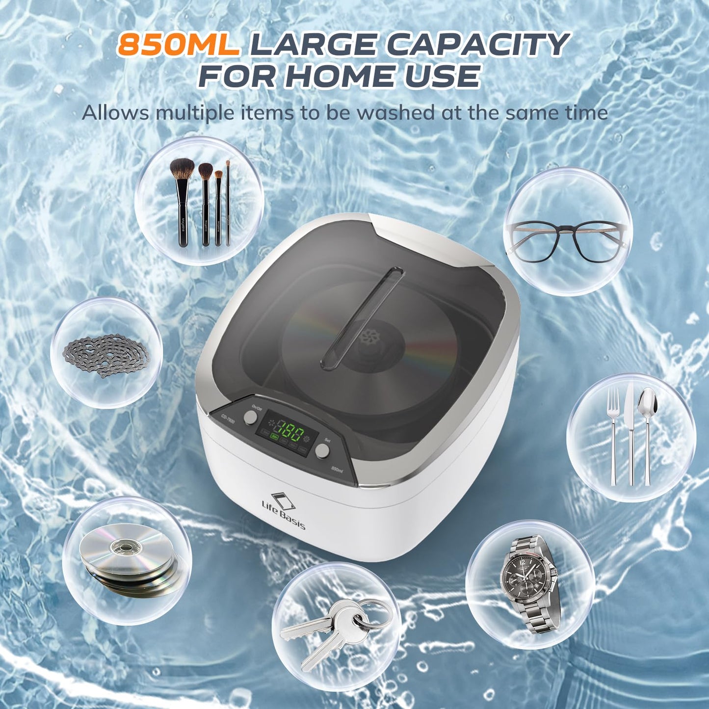 Ultrasonic Jewelry Cleaner Life Basis Ultrasonic Cleaner Machine 850ml (28 Ounces) LCD Screen with 5 Digital Timer Watch Stand CD Holder for Jewelry CD DVD Watches Glasses Makeup Brush