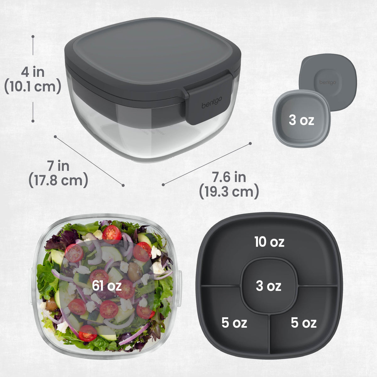 Bentgo Glass Salad Container - 7.6 Cup Salad Bowl with Airtight Lid, Leakproof Sauce Container, 4 Compartment Bento Tray and Reusable Fork - BPA Free for