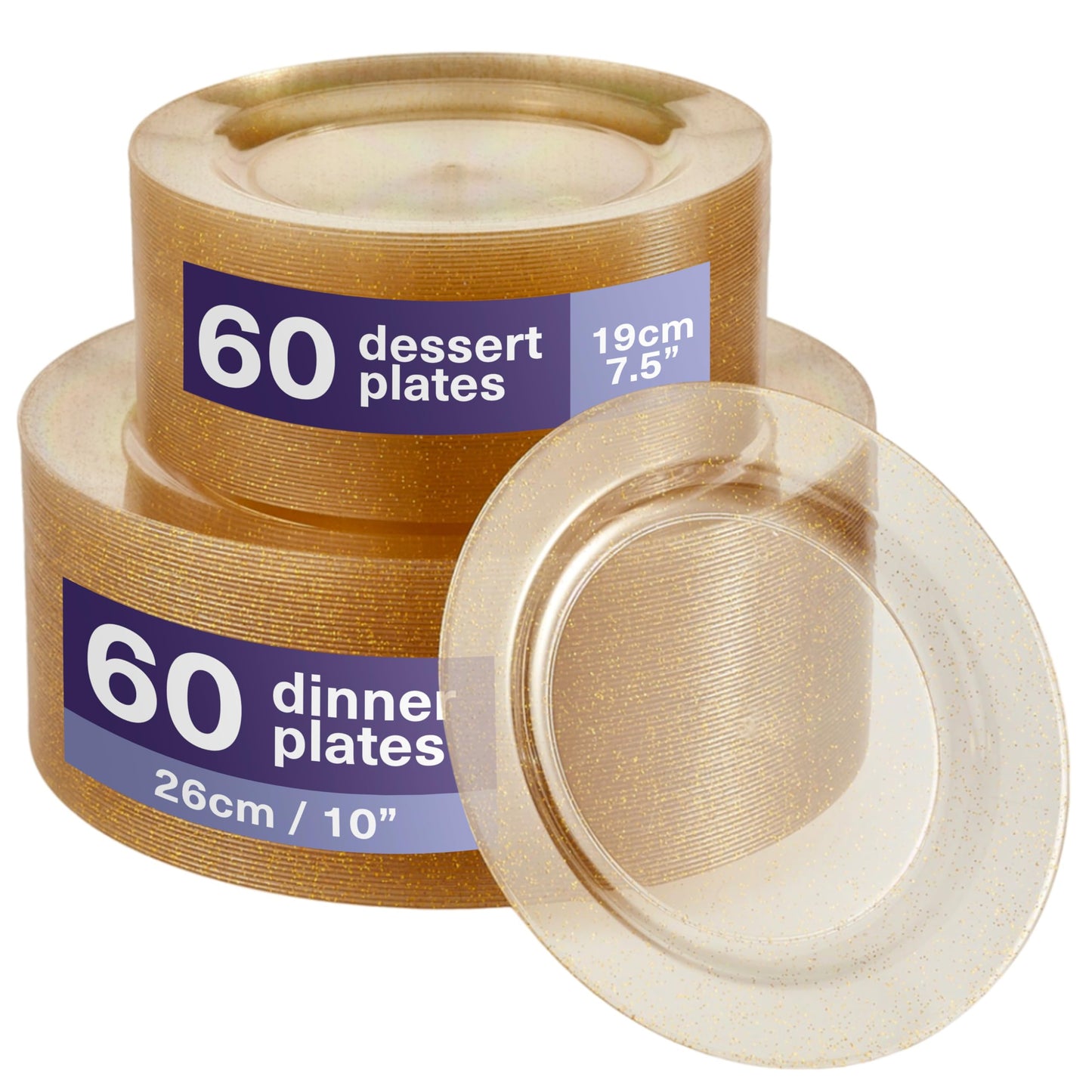 MATANA 120 Pack Elegant Gold Glitter Plastic Plate Set for 60 Guests - 60 Dinner Plates 10.25" and 60 Salad Dessert Appetizer Plates 7.5", Heavy Duty, Premium, Reusable for Wedding Party, Events