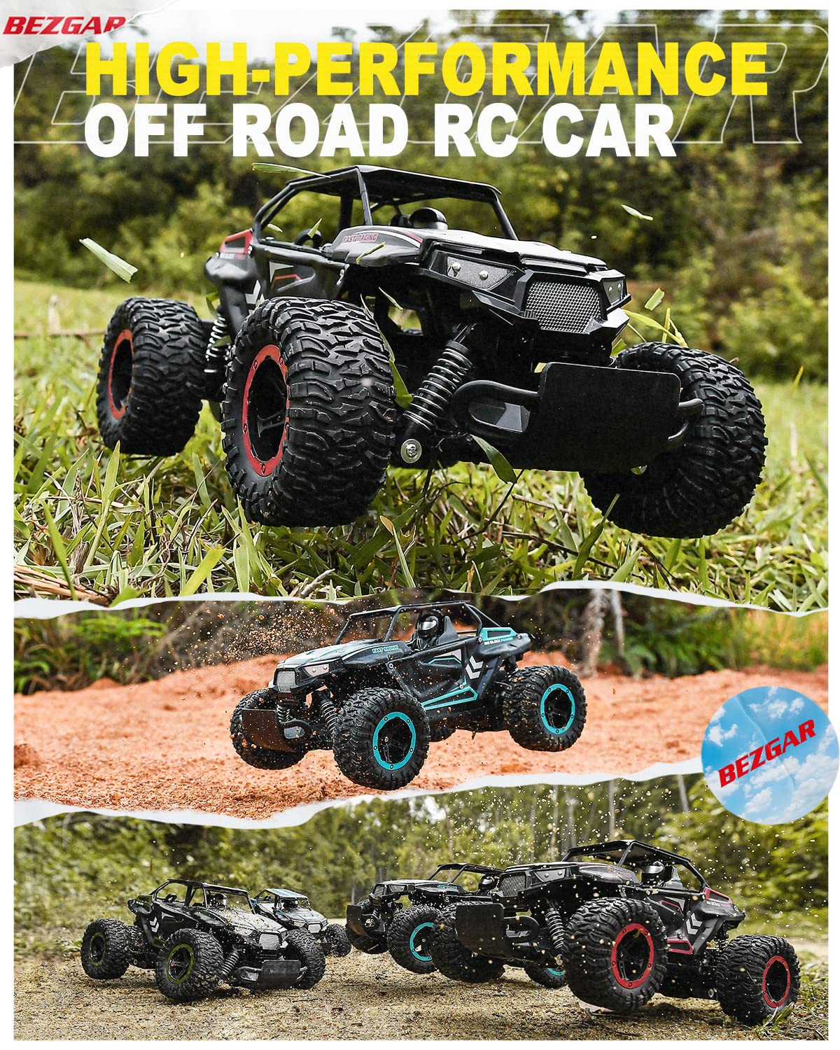 BEZGAR TB142 Remote Control Car - 1:14 Scale RC Cars, 20 Km/h 2WD All-Terrains Electric Off-Road Vehicle Truck Crawler Toy with Two Rechargeable Batteries for Boys Kids and Adults