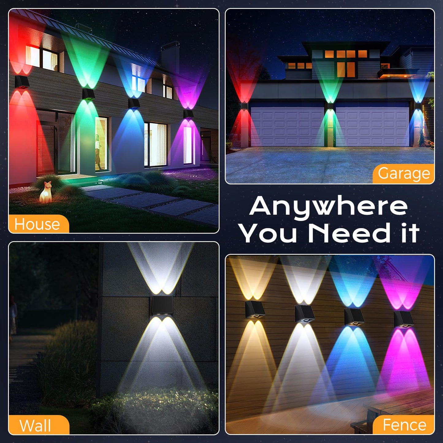 Quntis 8 Pack RGBCW Solar Fence Lights Outdoor, 13 Color Modes, Up & Down Lighting Solar Deck Lights, IP65 Waterproof Porch Lights, Fence Lights Solar Powered for Outside Yard Patio Railing Wall