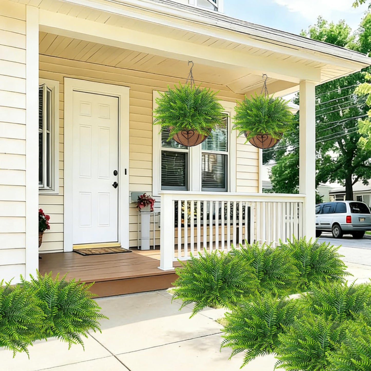 Dremisland 12 Bundles Artificial Plants Outdoor Faux Boston Fern 17.7 Inch Long Length Artificial Ferns UV Resistant Fake Plants Spring Summer Greenery Shrubs for Hanging Planter Garden Porch Decor