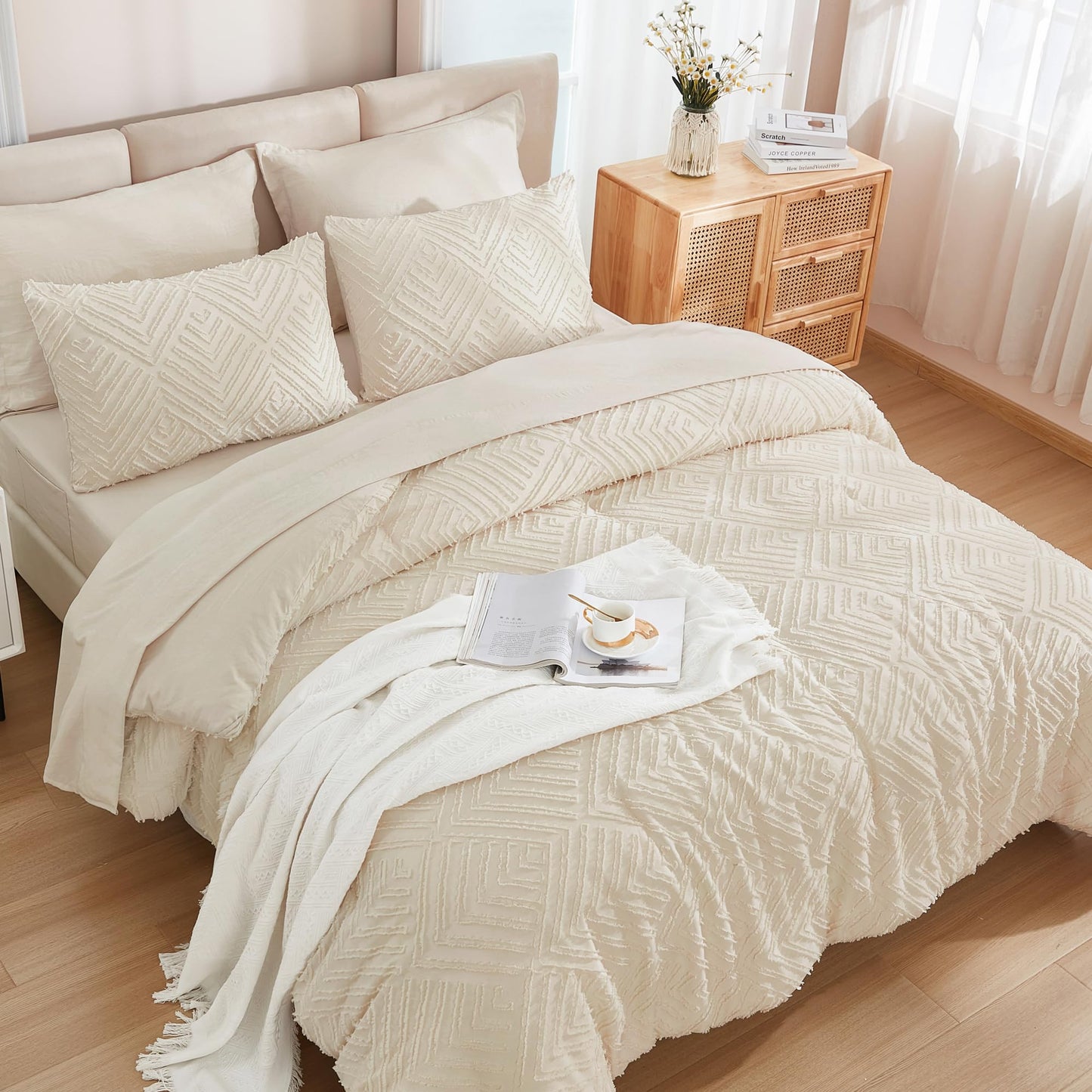 Andency Bed in a Bag Queen Beige- 7 Pieces Queen Comforter Set Bedding Comforter Sets, Tufted Lightweight Fluffy Bed Set with Comforter, Sheets, Pillowcases & Shams for All Season