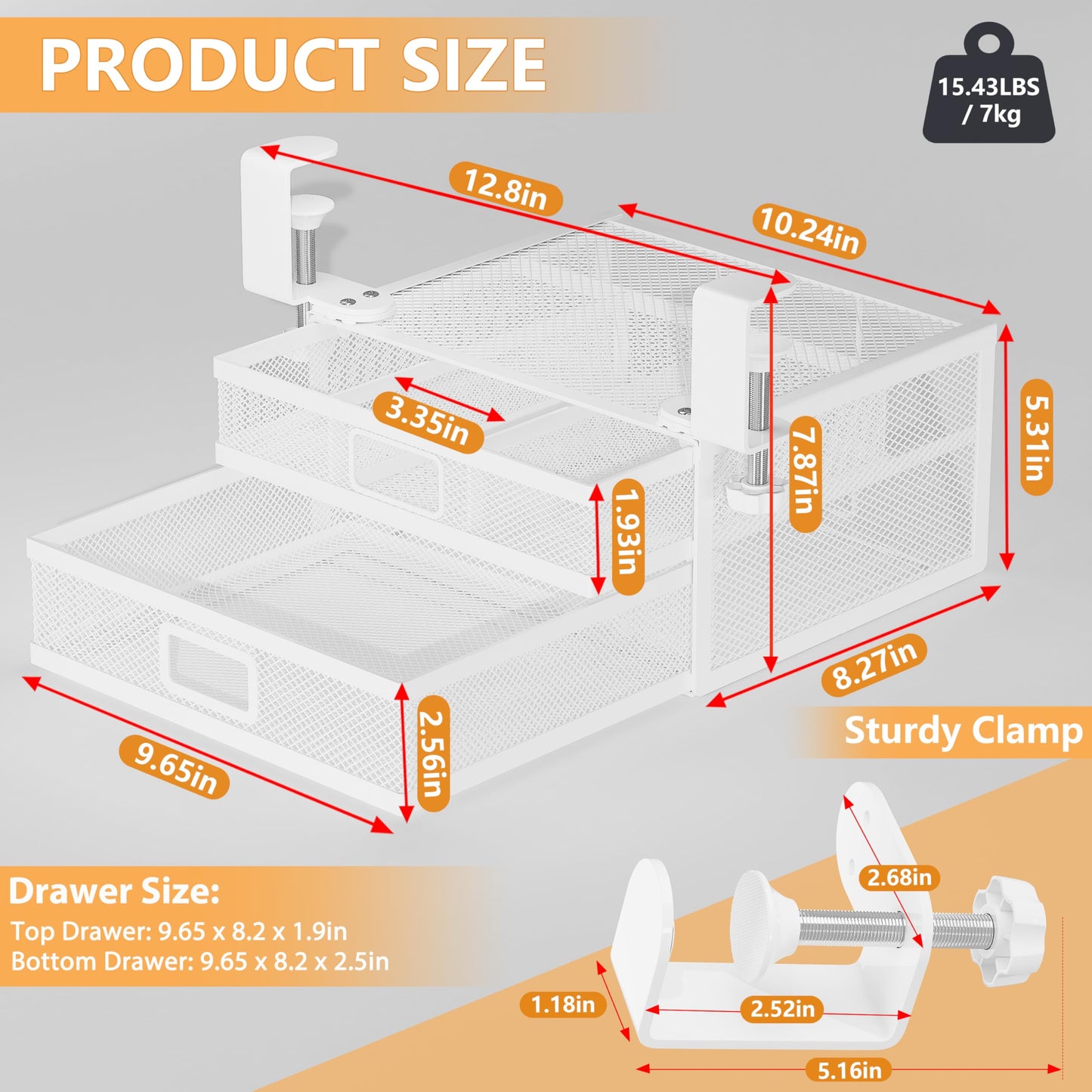 ROLIZOE Under Desk Drawer Organizer Clamp On with 2 Drawers Slide Out No Drilling Mesh Metal Drawer On Desktop Or Under Desk Storage Easy Install Anti-Slip Under Shelf Storage for Home Office, White