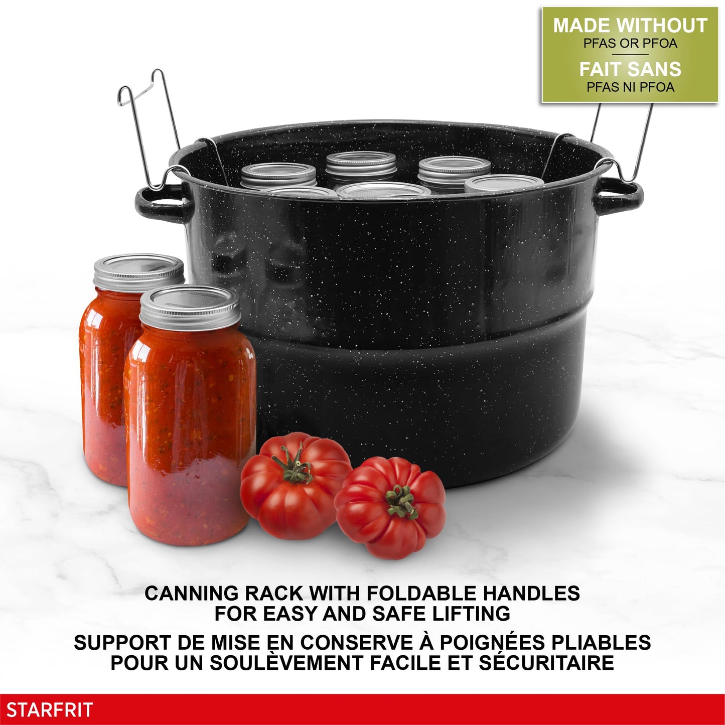 Starfrit 19.9L (21Qt) Carbon Steel Stockpot with Canning Rack and Lid - Enameled Exterior - Oven Safe - PFOA & PFAS Free - Easy to Clean - Black