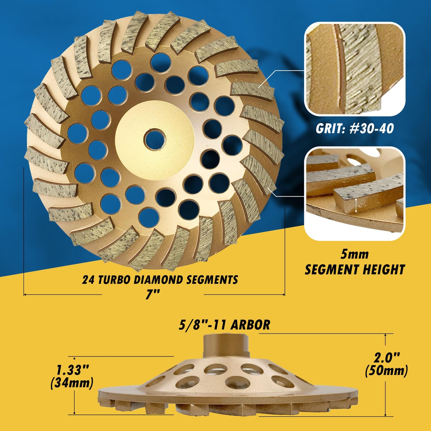 7" Diamond Grinding Wheels for Concrete or Masonry, 24 Turbo Segments, 30/40 Grit, Medium Bond, 5/8"-11 Arbor