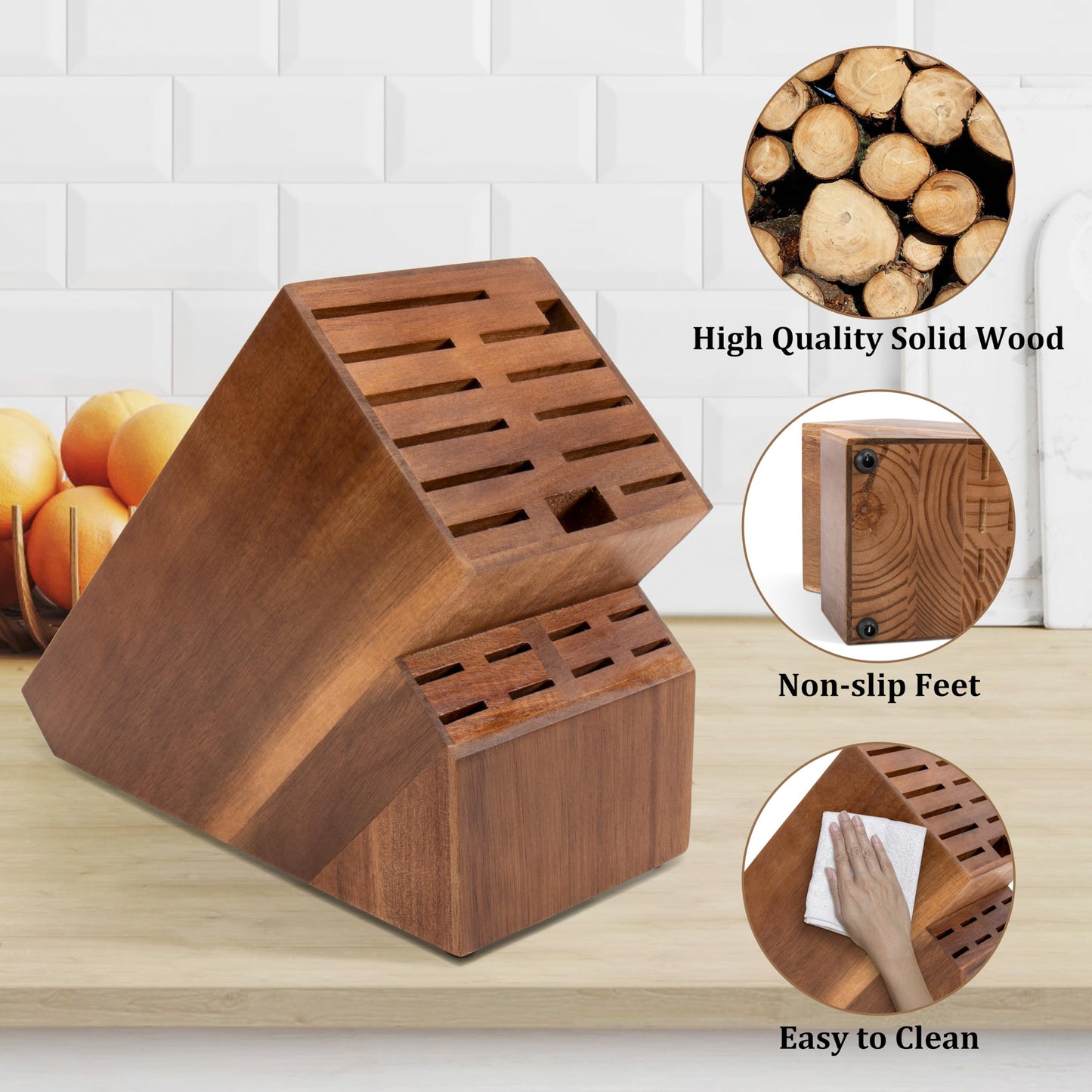 20 Slots Knife Storage Without Knives - Universal Acacia Wood Knife Holder for Kitchen Countertop, Large Butcher Block Organizer, Easy