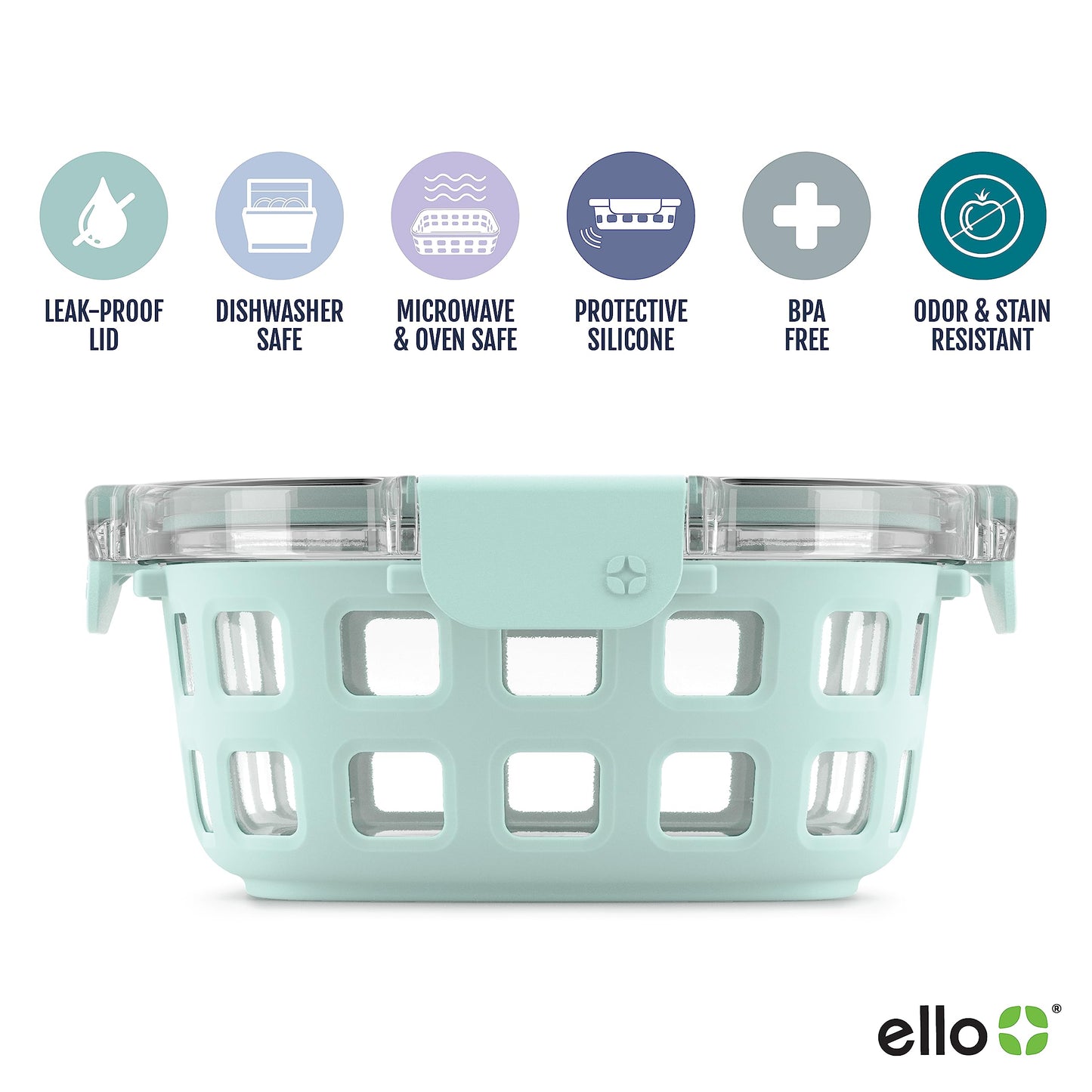 Ello Duraglass Round Glass Meal Prep Storage Containers Set with Leak Proof Airtight Lids, 10 Pc 3.4 Cup/ 800ml, Melon