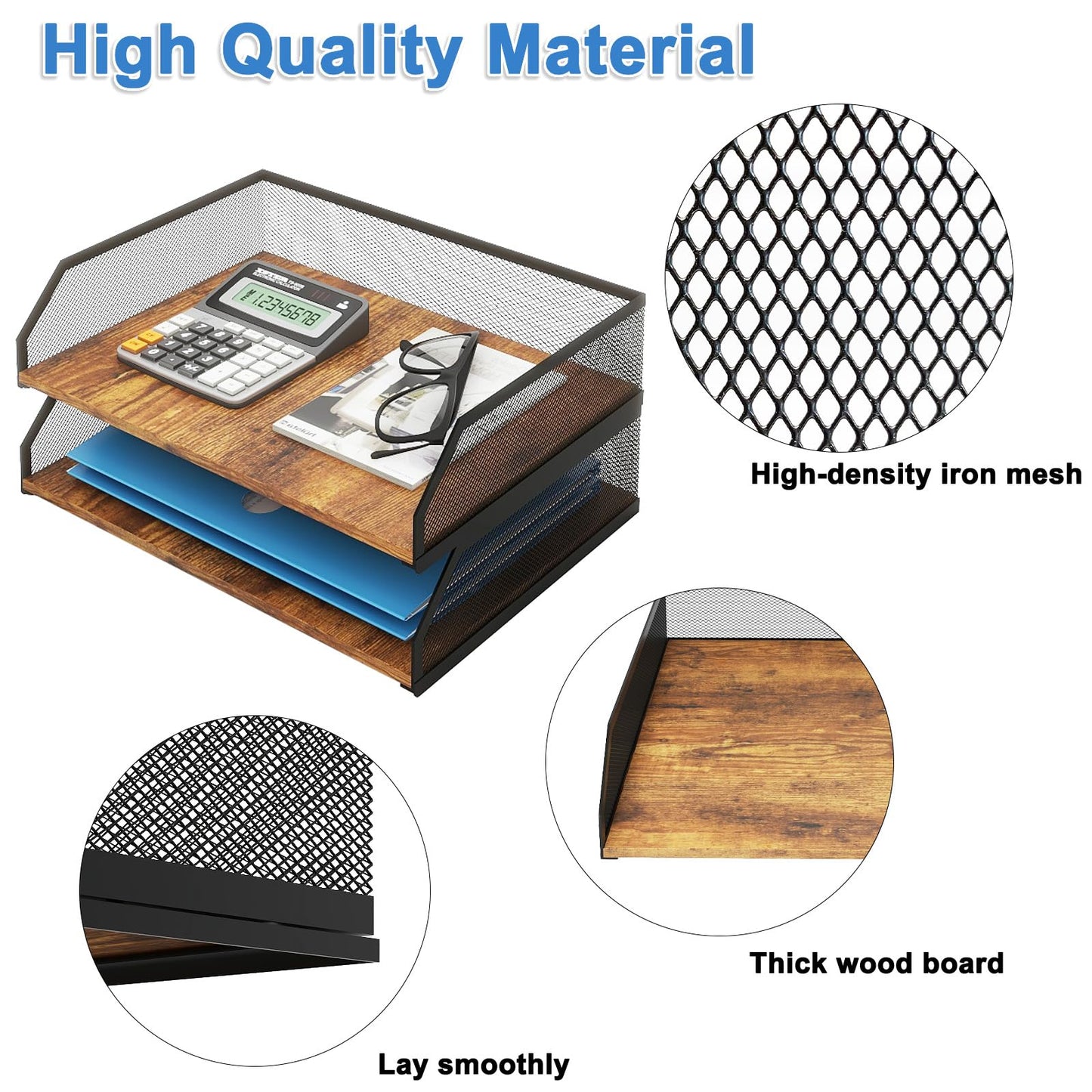 Natwind 2-Tier Wooden Stackable Paper Tray, Metal Mesh Desktop Organizer, Paper Sorter, Letter Trays,File Document Storage Rack for for Home, Office, School (Retro)