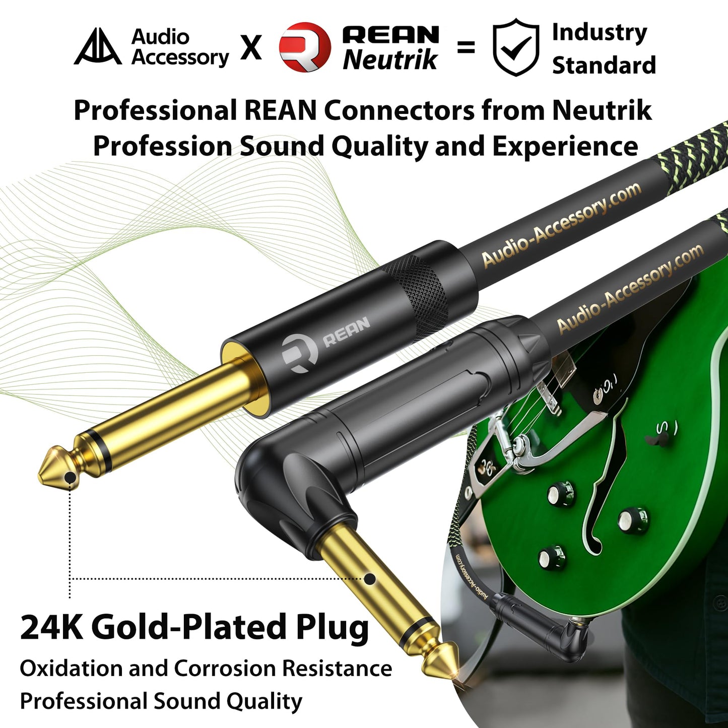 AA AUDIO ACCESSORY Pro Bass Guitar Cable 15 ft, Gold-Plated Neutrik REAN Connector, 18 AWG OFC, Braided 1/4 Inch Instrument Cable for Fender Electric Bass Guitar Combo Amp Rumble Marshall, Right Angle