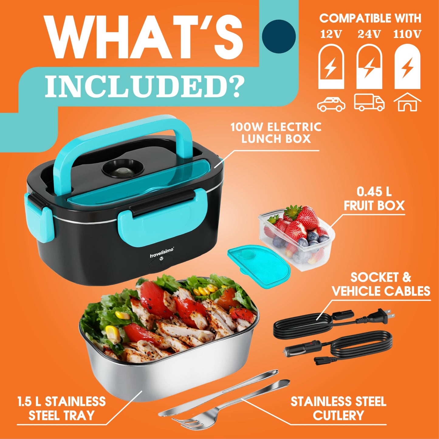 TRAVELISIMO Electric Lunch Box Food Heater, 100W 1.5L Heated Lunchbox 12V/24V/110V Heated Lunch Box for Men & Women, Stainless Steel Portable Food Warmer & Portable Microwave for Car/Truck/Office