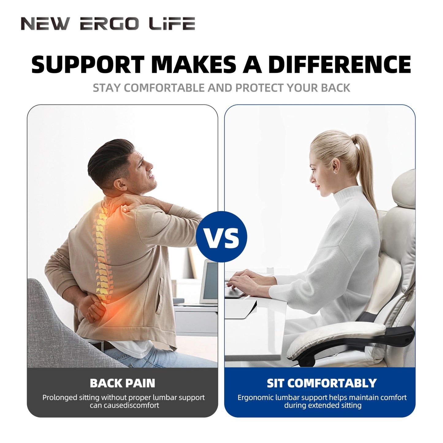 New Ergo Life Lumbar Support Cushion, Memory Foam Back Support for Pain Relief, Ergonomic Waist Cushion for Office Chair, Car Seat, and Home, Removable & Washable Cover