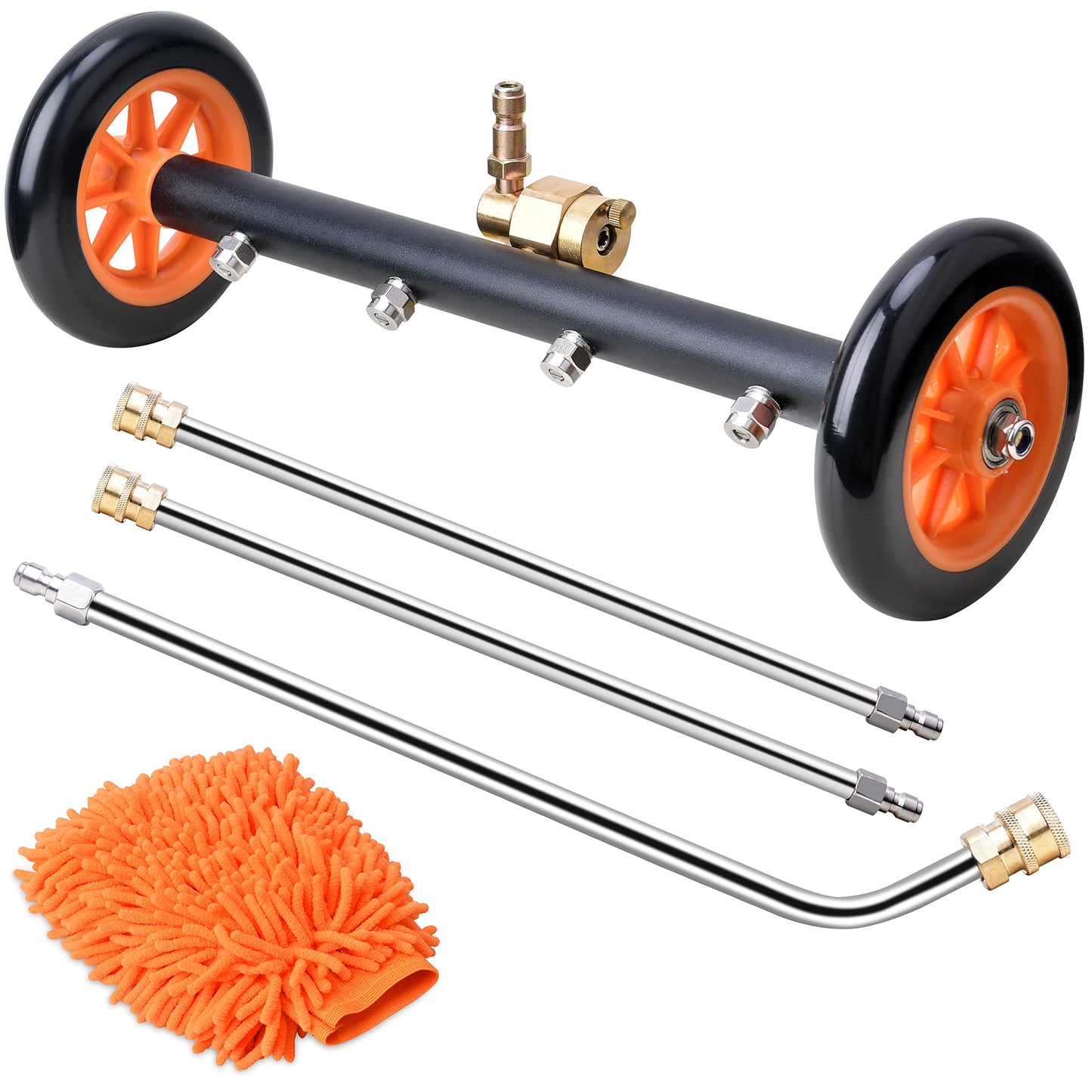 EVEAGE 2-in-1 Pressure Washer Undercarriage Cleaner Water Broom, 16" Surface Cleaner Power Washer Attachment with 4 Nozzles 3 Extension Rods and QC Pivot Coupler Extra Wash Mitt, 4000 PSI,Blaze Orange