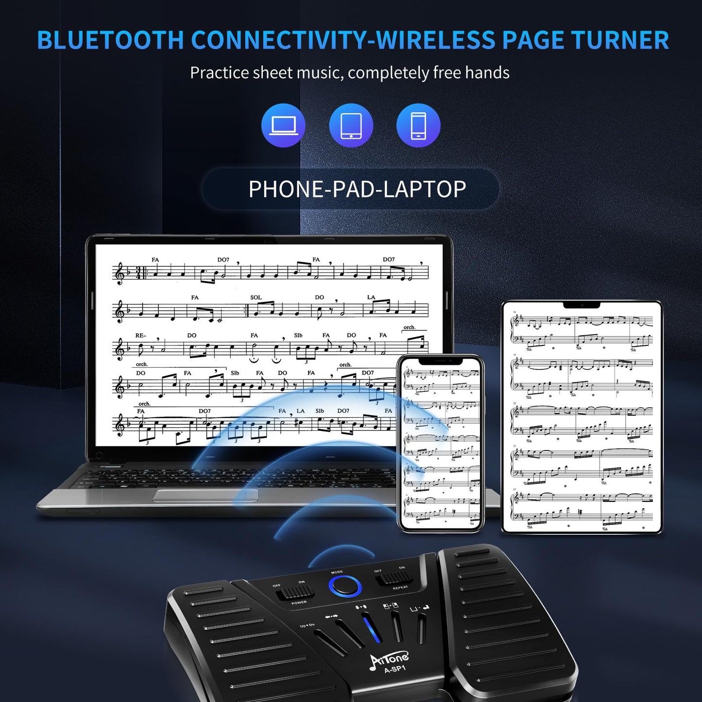 AITONE Wireless Side Turner Bluetooth Foot Pedal Music Page Turner for iPad Tablets Android Ios Phones Piano Keyboard Compatible with Various Music Apps (A-SP1)